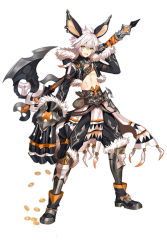 1boy animal_ears armor axe coin earrings eyebot fang fantasy feathers fur-trimmed_hood fur_trim gauntlets greaves highres holding holding_axe holding_weapon hood hood_down jewelry lloule male_focus open_mouth original over_shoulder pouch rabbit_ears simple_background smile solo standing weapon weapon_over_shoulder white_background white_hair yellow_eyes