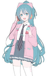 aqua_eyes aqua_hair black_necktie blue_bow bow bow_legwear box cable collared_shirt commentary_request dot_nose eyelashes flat_color grey_skirt hair_between_eyes hair_bow hand_on_headphones hatsune_miku hatsune_miku_(ribbon_girl) headphones high-waist_skirt high_ponytail highres holding holding_box jacket juice_box korean_commentary light_blush long_hair long_sleeves looking_at_viewer necktie nun_nu open_clothes open_jacket open_mouth pink_bow pink_jacket pleated_skirt pocket ponytail project_diva_(series) puffy_long_sleeves puffy_sleeves shirt simple_background skirt smile striped_necktie sweater_jacket swimsuit teeth thighhighs tie_clip upper_teeth_only very_long_hair vocaloid white_background white_shirt white_thighhighs zettai_ryouiki