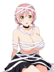 Rule 34 | 1girl, :d, arms behind back, bandaged arm, bandaged head, bandages, barkhorn0331, black choker, black skirt, blush, breasts, brown eyes, choker, cinderella series, collarbone, cowboy shot, hachigatsu no cinderella nine, halloween costume, highres, looking at viewer, low twintails, miniskirt, no hairband, open mouth, pink hair, sakurada chiyo, short hair, simple background, sitting, skirt, smile, solo, twintails, white background