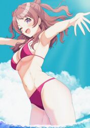 1girl armpits bare_shoulders bikini blue_sky blush breasts brown_hair cloud cloudy_sky gakuen_idolmaster hair_bun hanami_saki highres idolmaster large_breasts long_hair musha_no_kozi navel one_eye_closed open_mouth outdoors pink_bikini purple_bikini purple_eyes red_hair sky smile solo stomach swimsuit water