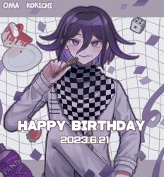 1boy cake checkered_clothes checkered_scarf confetti danganronpa_(series) danganronpa_v3:_killing_harmony dated dice flipped_hair food food_on_face fork grey_jacket grey_pants hair_between_eyes hand_up happy_birthday highres holding holding_fork jacket looking_at_viewer michi_(michiisidayo) oma_kokichi pants pink_eyes purple_hair scarf smile solo strawberry_shortcake