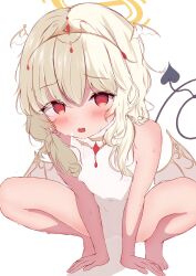 1girl aoba_(blue_archive) bare_arms bare_legs bare_shoulders barefoot blonde_hair blue_archive blush demon_tail flat_chest halo heart heart-shaped_pupils highres loli long_hair looking_at_viewer muaa_(muamua231) red_eyes sleeveless solo squatting sweat symbol-shaped_pupils tail white_background wings yellow_halo