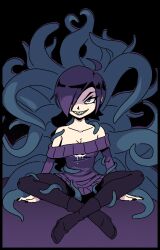 1girl ahoge bare_shoulders black_background black_boots black_nails black_pantyhose blue_eyes boots borrowed_character breasts commentary commentary_request derpixon dress english_commentary evil_grin evil_smile fingernails full_body grin hair_over_one_eye indian_style lemmy_(zone) long_hair long_sleeves medium_breasts mixed-language_commentary multilingual_commentary no_hair_ornament off-shoulder_sweater off_shoulder original pantyhose print_sweater purple_background purple_hair sharp_teeth simple_background sitting skull_print smile solo sweater sweater_dress teeth tentacles two-tone_background v-shaped_eyebrows zone-tan