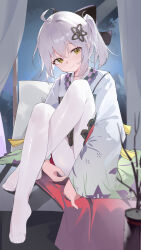 1girl absurdres ahoge arknights black_bow bow closed_mouth commentary_request crossed_legs curtains feet full_body grey_hair hair_bow highres japanese_clothes kimono knees_up legs long_sleeves looking_at_viewer no_shoes pantyhose scene_(arknights) scene_(betsushi)_(arknights) side_ponytail sitting sleeves_past_wrists smile solo teketi toes white_kimono white_pantyhose wide_sleeves window