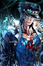 Rule 34 | 1boy, bandage on face, bandages, bandaid, bandaid on face, black hair, black hat, blood, blood on clothes, blood on face, blue eyes, blue shirt, broken glass, chain, cigarette, commentary, crack, cracked glass, dated, earrings, english commentary, gakuran, glass, hat, hat over one eye, highres, jewelry, jojo no kimyou na bouken, kepi, kuujou joutarou, looking at viewer, male focus, military hat, one eye covered, school uniform, sherytan, shirt, signature, smile, solo, star (symbol), stardust crusaders, stud earrings, upper body
