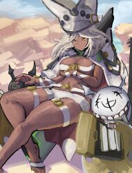 1girl blackleo2090 breasts dark-skinned_female dark_skin grey_hair guilty_gear guilty_gear_strive hat highres jacket medium_breasts medium_hair ramlethal_valentine shorts sitting solo white_hat white_jacket white_shorts yellow_eyes