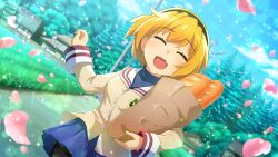 1girl artist_request bag baguette black_hairband black_pantyhose blonde_hair blue_skirt bread brown_jacket clannad closed_eyes crossover fang food game_cg hairband highres higurashi_no_naku_koro_ni higurashi_no_naku_koro_ni_mei hikarizaka_private_high_school_uniform holding holding_bag houjou_satoko house jacket long_sleeves non-web_source official_art open_mouth outdoors pantyhose pink_petals school_uniform skirt smile solo sparkle tree