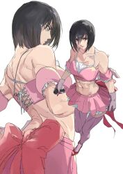 1girl abs back bare_shoulders black_eyes black_hair bra breasts clenched_hand darao_(daradara_suyaaa) full_body highres looking_at_viewer medium_breasts mikasa_ackerman multiple_views muscular muscular_female navel pink_bra pink_skirt purple_thighhighs shingeki_no_kyojin short_hair simple_background skirt thighhighs underwear
