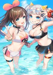 Rule 34 | 2girls, :d, absurdres, adapted costume, aqua eyes, armpits, bare arms, bare shoulders, bikini, bikini skirt, black bikini, black choker, blue eyes, blue nails, blue sky, breasts, brown hair, choker, cleavage, cloud, collarbone, d-pad, d-pad hair ornament, day, eyewear on head, fisheye, grin, hair ornament, hairclip, halterneck, heart, highres, holding hands, interlocked fingers, kaguya luna, kizuna ai, kizuna ai inc., long hair, looking at viewer, medium breasts, multicolored hair, multicolored nails, multiple girls, nail polish, navel, open mouth, pink hair, pink nails, ponytail, scrunchie, sidelocks, silver hair, skindentation, sky, smile, standing, stomach, streaked hair, sunglasses, swimsuit, the moon studio, thigh strap, thighs, twintails, usuke (u skeeep), virtual youtuber, w, wading, water, white-framed eyewear, white bikini, wrist scrunchie, wristband
