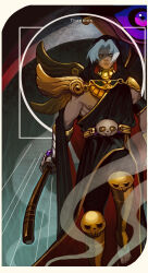 1boy armlet armor barefoot black_pants border character_name closed_mouth commentary dark-skinned_male dark_skin english_commentary english_text foot_out_of_frame gold_trim greco-roman_clothes grey_hair hades_(series) hades_1 highres holding holding_scythe hood hood_up hooded_robe jewelry leg_armor looking_at_viewer male_focus nipples pants robe scythe short_hair shoulder_armor skull skull_belt skull_ornament solo thanatos_(hades) toned toned_male tworain_w white_border yellow_eyes