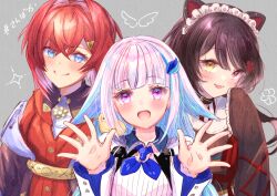 3girls :o ange_katrina ange_katrina_(1st_costume) animal animal_ears animal_on_shoulder bird bird_on_shoulder black_collar blue_eyes blue_hair blue_neckerchief blush breasts brown_hair brown_kimono cardigan closed_mouth collar collared_shrug colored_inner_hair commentary commentary_request crossed_bangs dog_ears dog_girl english_commentary eyelashes fangs flower grey_background grey_jacket group_name group_picture hair_between_eyes hair_flower hair_intakes hair_ornament hand_up hands_up hashtag heterochromia inui_toko inui_toko_(1st_costume) ittokyu jacket japanese_clothes kimono lize_helesta lize_helesta_(1st_costume) long_hair long_sleeves looking_at_viewer maid_headdress medium_hair mixed-language_commentary monocle multicolored_hair multiple_girls neckerchief nijisanji off_shoulder open_mouth palms pink_hair purple_eyes red_cardigan red_eyes red_hair ribbed_shirt sanbaka_(nijisanji) sebastian_piyodore shirt shrug_(clothing) sidelocks sleeves_past_fingers sleeves_past_wrists small_breasts smile split_mouth spread_fingers streaked_hair translated triangle_hair_ornament two-tone_hair upper_body virtual_youtuber white_headdress white_shirt white_shrug yellow_bird yellow_eyes