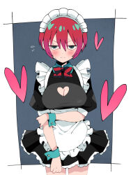 1girl :| alternate_costume amate_yuzuriha apron black_background black_dress blue_eyes blush border bow bowtie breasts cleavage cleavage_cutout closed_mouth clothing_cutout collared_dress commentary_request cowboy_shot dress embarrassed enmaided flying_sweatdrops frilled_apron frills glaring gundam gundam_gquuuuuux hand_on_own_arm heart heart_cutout highres jitome large_breasts looking_at_viewer maid maid_apron maid_headdress multicolored_eyes outside_border puffy_short_sleeves puffy_sleeves red_bow red_bowtie red_eyes red_hair sabi1234 short_dress short_hair short_sleeves solo standing straight-on striped_bow striped_bowtie striped_clothes two-tone_eyes v-shaped_eyebrows white_apron white_border wrist_cuffs