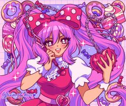 Rule 34 | 1girl, artist name, blush, bow, breasts, bright pupils, cake, cake slice, candy, dark-skinned female, dark skin, donut, dress, flail, food, hair bow, highres, holding flail, lips, lollipop, long hair, medium breasts, mroczniak (gloomy chuu), omori, open mouth, pink bow, pink dress, pink eyes, pink hair, polka dot, polka dot bow, puffy short sleeves, puffy sleeves, short sleeves, smile, solo, sweetheart (omori), teeth, twintails, upper teeth only, weapon, white pupils
