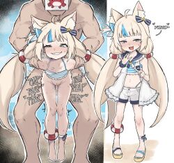 1boy 1girl age_difference ahoge animal_ears beach bikini blonde_hair blue_eyes blue_hair blush bottomless bow breath cat_ears collarbone grin heart heart-shaped_pupils highres loli long_hair midriff motion_lines multicolored_hair multiple_views nail_polish navel nude outdoors plap sameko_saba sex shorts size_difference smile sound_effects streaked_hair sweat swimsuit symbol-shaped_pupils tagme twintails vaginal virtual_youtuber zlix0n
