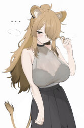 Rule 34 | ..., 1girl, absurdres, ammak, animal ear fluff, animal ear piercing, animal ears, bare arms, bare shoulders, black bra, black choker, black skirt, blonde hair, blush, bra, bra visible through clothes, breasts, choker, cleavage, closed mouth, commentary request, green eyes, grey shirt, hair over one eye, hand up, high ponytail, highres, large breasts, lion ears, lion girl, lion tail, long hair, looking at viewer, one eye covered, original, parted bangs, ponytail, see-through cleavage, see-through clothes, shirt, simple background, skirt, sleeveless, sleeveless shirt, solo, sweat, tail, twirling hair, underwear, white background