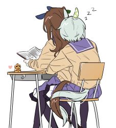 2girls animal_ears aqua_hair aqua_tail arms_around_waist back book brown_hair brown_tail chair character_doll desk ear_covers ear_ornament ears_down from_behind front-to-back heart highres holding holding_book hook horse_ears horse_girl horse_tail hug hug_from_behind intertwined_tails king_halo_(umamusume) long_hair long_sleeves multiple_girls pleated_skirt protected_link purple_sailor_collar purple_skirt reading sailor_collar school_chair school_desk school_uniform seiun_sky_(umamusume) short_hair simple_background single_ear_cover sitting sitting_between_lap skirt sleeping sweater tail thighhighs tracen_school_uniform umamusume unseuking0427 white_background winter_uniform yuri zzz