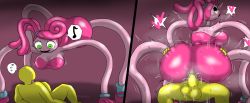 1boy 1girl absurdres ass ass_grab bald breasts colored_skin embarrassed enigi09 gradient_background green_eyes highres huge_ass huge_breasts huge_penis interspecies long_hair lying mommy_long_legs monster_girl musical_note naughty_face open_mouth penis pink_background pink_hair pink_skin player_(poppy_playtime) ponytail poppy_playtime size_difference smile speech_bubble testicles vaginal yellow_skin