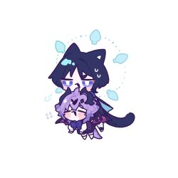 2boys absurdres animal_ears animal_print black_hair black_horns black_mouth black_shorts blue_cape blue_halo blush bow bowtie bright_pupils cape carrying carrying_person cat_boy cat_ears cat_print cat_tail chibi closed_eyes dragon_boy dragon_horns dragon_tail dragon_wings durin_(genshin_impact) eyeliner eyeshadow facing_to_the_side flying flying_sweatdrops genshin_impact halo halo_behind_head highres horns humanization large_bow leg_warmers long_sleeves looking_to_the_side magic_circle makeup mini_durin_(genshin_impact) multiple_boys open_mouth puff_of_air puffy_sleeves purple_bow purple_bowtie purple_eyes purple_hair red_eyeliner red_eyeshadow red_wings saden_meow scaramouche_(genshin_impact) shorts socks spoilers tail wanderer_(genshin_impact) white_leg_warmers white_pupils white_sleeves white_socks wings