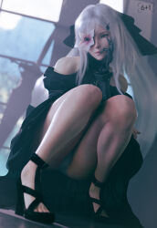 1girl 3d bare_shoulders blender_(medium) blurry blurry_background drag-on_dragoon drag-on_dragoon_3 eyelashes flower flower_over_eye high_heels highres indoors long_hair looking_to_the_side mechanical_arms nier_(series) nier_reincarnation official_alternate_costume panties pantyshot prosthesis prosthetic_arm red_eyes seven_(sixplusone) single_mechanical_arm solo squatting underwear white_hair white_panties zero_(drag-on_dragoon)