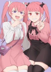 2girls alternate_costume bag black_ribbon black_skirt black_thighhighs bow bowtie center_frills commentary contemporary dress ebinku english_commentary fingernails fire_emblem fire_emblem:_the_blazing_blade fire_emblem:_three_houses frills grin hair_between_eyes hair_ribbon handbag highres hilda_valentine_goneril jewelry long_hair long_sleeves looking_at_viewer multiple_girls multiple_rings nintendo open_clothes pink_dress pink_eyes pink_hair pink_skirt purple_background purple_eyes ribbon ring serra_(fire_emblem) simple_background skirt smile suspender_skirt suspenders teeth thighhighs trait_connection twintails upper_teeth_only v very_long_hair white_bow white_bowtie white_dress white_ribbon white_thighhighs zettai_ryouiki