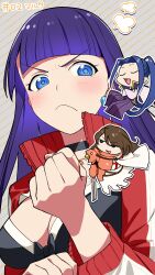 1girl 2boys absurdres armor black_choker blue_eyes blue_hair brown_hair cape chibi choker closed_eyes closed_mouth commentary_request crossed_arms earrings fate/grand_order fate_(series) highres jacket jewelry light_blush long_hair long_sleeves looking_at_another martha_(fate) martha_(swimsuit_ruler)_(fate) multiple_boys open_mouth purple_hair red_jacket simple_background swimsuit sword translation_request tsurusaki_yuu weapon