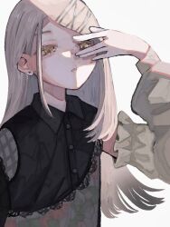 Rule 34 | 1girl, black shirt, blonde hair, camouflage, camouflage shirt, contrast (idolmaster), detached sleeves, earrings, flipped hair, gakuen idolmaster, idolmaster, jewelry, lace, lace-trimmed shirt, lace trim, long hair, shinosawa hiro, shirt, simple background, solo, stud earrings, suzune-7-25, swept bangs, upper body, very long hair, white background