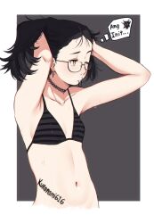 1girl armpits bikini black_hair choker cross cross_earrings earrings flat_chest glasses highres jewelry kuronami616 midriff navel one_eye_closed original piercing simple_background sweat swimsuit tagalog_text yellow_eyes