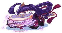 artist_name blunt_bangs bow bowtie braid car cars_(movie) commentary crossover electricity english_commentary flower genshin_impact hair_intakes hair_ornament highres lace_trim lightning_mcqueen long_hair looking_at_viewer mitsudomoe_(shape) mole motor_vehicle mouth_hold nut_(hardware) objectification open_mouth purple_eyes purple_flower purple_hair raiden_shogun raised_eyebrow rope scalizo shadow shimenawa simple_background solo sword teeth tomoe_(symbol) twitter_username unused_tire vehicalization weapon what wheel white_background