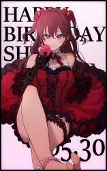 :3 black_gloves blue_eyes bow brown_hair dress english_text feet gloves hagiwara_shiyu hair_bow happy_birthday heart-shaped_bottle highres ichinose_shiki idolmaster idolmaster_cinderella_girls official_alternate_costume red_dress solo twintails