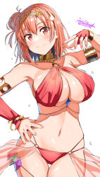1girl 2025 armlet artist_name belko belly_dancer blush bracelet breasts choker cleavage dancer dated detached_sleeves fingerless_gloves gloves groin hair_bun hair_ornament halterneck hand_on_own_hip highres jewelry large_breasts long_sleeves navel o-ring o-ring_top orange_hair red_eyes short_hair sideboob single_glove single_sleeve smile stomach thick_thighs thighs wide_hips yahari_ore_no_seishun_lovecome_wa_machigatteiru. yuigahama_yui