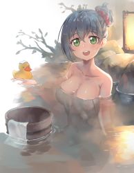1girl :d absurdres alternate_hairstyle asahi_rokka backlighting bang_dream! bathing blue_hair blush branch breasts bucket cleavage collarbone commentary_request completely_nude gradient_background green_eyes grey_background hair_between_eyes hair_bun hair_ornament hair_scrunchie hand_up highres lamp large_breasts looking_at_viewer monane4 navel nude onsen open_mouth outdoors partially_submerged red_scrunchie rubber_duck scrunchie short_hair single_hair_bun sitting smile solo steam stone teeth towel upper_teeth_only water wet wet_hair white_background wooden_bucket