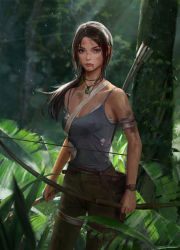 1girl absurdres arrow_(projectile) bandaged_leg bandages bare_shoulders blood bow_(weapon) breasts brown_eyes brown_hair bruise cleavage closed_mouth dirty female_focus highres holding holding_weapon injury jewelry jungle lara_croft leaf long_hair machete nature necklace outdoors qianyu_mo quiver red_lips solo sunlight tank_top tomb_raider tomb_raider_(reboot) torn_clothes tree watch weapon