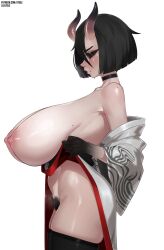 1girl absurdres black_choker black_hair black_hands black_lips black_sclera black_thighhighs bob_cut breasts choker closed_mouth colored_extremities colored_sclera fortnite from_side gradient_skin highres horns huge_breasts japanese_clothes kimono lilatole lipstick makeup mole mole_above_mouth mole_on_breast mole_on_shoulder nipples pubic_hair puckered_lips simple_background skin-covered_horns skindentation solo standing the_night_rose_(fortnite) thighhighs undressing white_background