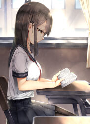 Rule 34 | 1girl, black-framed eyewear, black pantyhose, black sailor collar, black skirt, book, breasts, brown eyes, brown hair, chair, classroom, closed mouth, commentary request, desk, from side, glasses, holding, holding book, indoors, large breasts, long hair, neckerchief, on chair, open book, original, pantyhose, pleated skirt, reading, red neckerchief, sailor collar, school chair, school desk, school uniform, serafuku, shirt, sitting, skirt, solo, sugiyuu, white shirt
