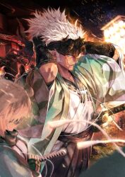 1boy 1girl adjusting_clothes adjusting_headwear aqua_haori armor arms_behind_head black_hakama black_headband black_scarf blue_eyes blurry blurry_foreground cowboy_shot embers faceless faceless_female facial_scar fate/grand_order fate_(series) forehead_protector game_cg hakama haori headband hirano_ryouji japanese_armor japanese_clothes katana kimono kote kurokote long_sleeves male_focus multiple_swords nagakura_shinpachi_(fate) night official_art okita_souji_(fate) okita_souji_(koha-ace) parted_lips scar scar_on_cheek scar_on_face scarf sheath sheathed shinsengumi sideburns solo_focus sword third-party_source weapon white_kimono wide_sleeves