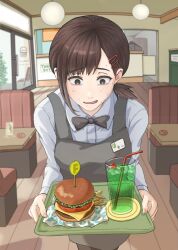1girl apron bow bowtie brown_hair burger chainsaw_man collared_shirt commentary diner food french_fries hair_ornament hairclip higashiyama_kobeni highres looking_away medium_hair mole mole_under_eye mole_under_mouth multiple_moles ponytail ron_jin_(longines_csm) shirt short_ponytail soda solo sweat tray white_shirt