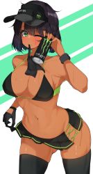 1girl alternate_costume arm_up armpits black_hair black_one-piece_swimsuit blush bob_cut breasts can cleavage closed_mouth dark-skinned_female dark_skin drink energy_drink eyelashes female_focus girls_und_panzer gloves gluteal_fold green_background green_eyes green_stripe hat highres holding holding_drink hoshino_(girls_und_panzer) kshimu large_breasts lifting_own_clothes midriff miniskirt monster_energy navel one-piece_swimsuit one_eye_closed short_hair skirt solo swimsuit thighhighs thighs white_background