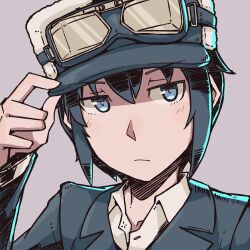 1girl :/ black_hair closed_mouth collared_shirt commentary_request fur_hat goggles goggles_on_headwear grey_background grey_eyes grey_jacket hand_on_headwear hat highres jacket kino_(kino_no_tabi) kino_no_tabi kokuya_(kokuya28) looking_at_viewer peaked_cap shirt simple_background solo upper_body v-shaped_eyebrows white_hat white_shirt