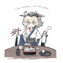 Rule 34 | 1girl, alcohol, bb 15hz, blonde hair, blue eyes, bottle, breasts, choko (cup), chopsticks, cup, english text, food, hair between eyes, headgear, holding, holding bottle, holding chopsticks, iowa (kancolle), iowa (new year) (kancolle), japanese clothes, kantai collection, kimono, long sleeves, noodles, obi, open mouth, sake, sash, simple background, soba, solo, star-shaped pupils, star (symbol), symbol-shaped pupils, tokkuri, tray, white background, wide sleeves