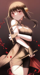 1girl absurdres bare_shoulders black_dress black_hair blood bloody_weapon blush breasts cleavage closed_mouth commentary covered_navel cowboy_shot dagger dress earrings fingerless_gloves from_below gloves gold_earrings gold_hairband gradient_background hairband highres holding holding_dagger holding_knife holding_weapon jewelry knife large_breasts li_se looking_at_viewer pencil_dress red_eyes reverse_grip revision short_hair_with_long_locks sidelocks solo spy_x_family stiletto_(weapon) taut_clothes taut_dress tsurime two-sided_dress two-sided_fabric weapon yor_briar