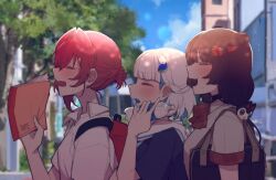 3girls alternate_costume ange_katrina animal_ears animal_hair_ornament backpack bag black_collar blue_hair blue_shirt blue_sky blurry blurry_background blush bottle bow bowtie breasts brown_bag brown_hair building closed_eyes cloud collar collared_shirt colored_inner_hair commentary_request day dog_ears fanning_self flower from_side hair_bun hair_flower hair_intakes hair_ornament hand_up holding holding_bottle holding_notebook hot inui_toko lize_helesta lize_helesta_(4th_costume) lone_nape_hair long_bangs low_twintails medium_breasts mitsumine_(ookami_no_oyashiro) multicolored_hair multiple_girls nijisanji notebook open_mouth outdoors red_bag red_bow red_bowtie red_hair sailor_collar sanbaka_(nijisanji) school_uniform shirt short_hair short_sleeves shoulder_bag sky small_breasts streaked_hair sweat tree triangle_hair_ornament twintails two-tone_hair upper_body virtual_youtuber water_bottle white_hair white_sailor_collar white_shirt