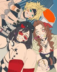 1boy 2girls aerith_gainsborough alternate_costume arm_warmers bandaid bandaid_on_cheek bandaid_on_face bandaid_on_finger bell belt black_hair black_hat black_headband black_nails black_shirt blonde_hair bracelet breasts brown_hair building camisole choker cleavage closed_eyes cloud_strife earrings eyebrow_piercing feet_out_of_frame final_fantasy final_fantasy_vii green_eyes grin hair_ornament hair_ribbon hat headband headphones headphones_around_neck heart heart_choker heart_hair_ornament highres jewelry lip_piercing long_hair medium_breasts multiple_bracelets multiple_earrings multiple_girls multiple_rings nail_polish neck_bell nest_virgo one_eye_closed parted_bangs parted_lips piercing ponytail punk purple_nails red_eyes red_ribbon red_socks ribbon ribbon_choker ring road_sign shirt short_hair sidelocks sign skyscraper smile socks sticker_on_face stop_sign studded_belt studded_choker studded_hat sunglasses teeth tifa_lockhart white_camisole x_hair_ornament