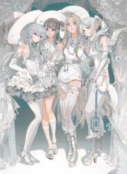 4girls absurdres ahoge aqua_eyes bag blonde_hair blue_eyes boots bracelet braid brown_hair commentary crossover dress dungeon_meshi earrings elaina_(majo_no_tabitabi) elbow_gloves elf frieren frilled_dress frilled_thigh_strap frills full_body genre_connection gloves grabbing_another&#039;s_arm hand_on_another&#039;s_shoulder hand_on_another&#039;s_waist handbag hat high_heels highres holding holding_bag jewelry kagari_atsuko kneehighs lace-up_boots lace_socks little_witch_academia looking_at_viewer majo_no_tabitabi marcille_donato mary_janes multiple_crossover multiple_girls pantyhose pointy_ears pumps red_eyes shoes silver_shoes socks sousou_no_frieren standing thigh_strap thighhighs twin_braids twintails white_boots white_dress white_gloves white_hair white_hat white_pantyhose white_shoes white_socks white_theme white_thighhighs wings witch witch_hat ying_yi