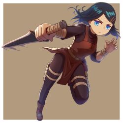 1girl absurdres bandaged_wrist bandages black_hair black_pantyhose black_shirt blue_eyes boots breasts brown_background brown_boots brown_dress claw_pose clay_(dungeon_people) closed_mouth dagger dress dungeon_people full_body hair_ornament hairclip highres holding holding_dagger holding_knife holding_weapon knife looking_at_viewer nushiss pantyhose pouch reverse_grip serious shirt short_hair simple_background small_breasts solo standing standing_on_one_leg swinging_weapon thigh_pouch weapon