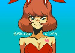 1girl animal_ears blue_eyes breasts brown_hair cleavage daicon daicon_bunny_girl daicon_iv fake_animal_ears female_focus gradient_background heart katoh leotard playboy_bunny rabbit_ears simple_background smile solo upper_body