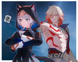 1boy 1girl animal_ears animal_hood armored_gloves black_leotard blonde_hair blue_eyes breasts cat_ears cat_girl cat_hood chest_tattoo cipher_(honkai:_star_rail) crossed_arms facial_tattoo grey_hair hashtag-only_commentary highres honkai:_star_rail honkai_(series) hood large_breasts leotard medium_hair mydei_(honkai:_star_rail) night night_sky red_tattoo short_hair_with_long_locks sky spoken_squiggle squiggle srro_yo tattoo toned toned_male topless_male yellow_eyes