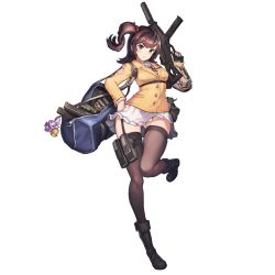 1girl aqua_eyes black_thighhighs blazer boots brown_hair female_focus full_body game_cg gluteal_fold gun hair_bobbles hair_ornament highres jacket last_origin long_hair looking_at_viewer magazine_(weapon) miniskirt official_art one_side_up paintale panties pantyshot pleated_skirt ribbon rifle sailor_collar skirt solo standing suppressor tachi-e thigh_gap thighhighs tomo_(last_origin) tomoe_(last_origin) transparent_background underwear weapon white_skirt window_magazine