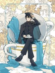 2boys black_eyes black_hair black_hat black_pants black_shoes buttons chibi closed_mouth crossed_legs cup dress_shoes flower full_body gakuran genkou_youshi glasses hand_on_headwear hat highres holding holding_plate in_container in_cup j74403145 jacket jacket_on_shoulders kawase_(koshotengai_no_hashihime) koshotengai_no_hashihime long_sleeves male_focus multiple_boys one_eye_closed pants paper peaked_cap plate round_eyewear school_uniform shoes short_hair sitting smile tamamori_(koshotengai_no_hashihime) teacup torn_paper white_flower yellow_flower