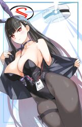 1girl amado_(shin) animal_ears bare_shoulders black_hair black_pantyhose blazer blue_archive blunt_bangs blush breasts choker cleavage commentary_request drone fake_animal_ears hair_ornament hairclip halo highres jacket leotard long_hair looking_at_viewer off_shoulder pantyhose playboy_bunny rabbit_ears red_eyes ringed_eyes rio_(blue_archive) solo thigh_strap