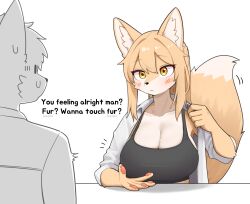 1boy 1girl :/ animal_ear_fluff animal_ears animal_hands black_tank_top blush body_fur boobs?_wanna_touch_boobs?_(meme) breasts cleavage english_text fox_ears fox_girl fox_tail furry furry_female highres huge_breasts jeifier_(character) jeifier_(korfiorano01) looking_at_another meme open_clothes open_shirt original shirt simple_background tail tank_top white_background white_shirt yellow_eyes yellow_fur